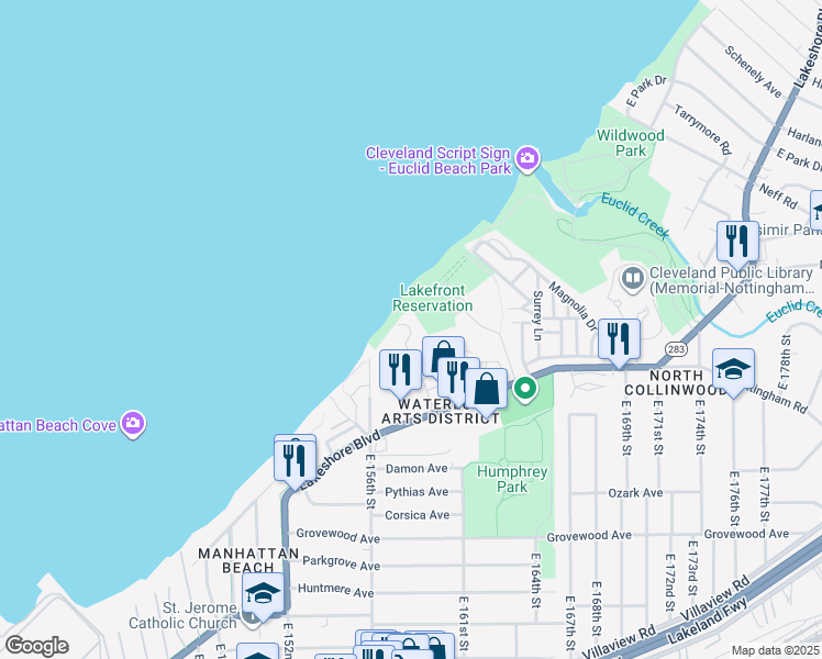 map of restaurants, bars, coffee shops, grocery stores, and more near 123 East 156th Street in Cleveland
