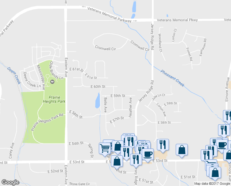 map of restaurants, bars, coffee shops, grocery stores, and more near 2204 East 59th Street in Davenport
