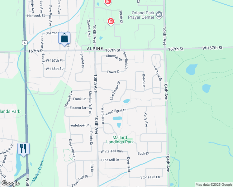 map of restaurants, bars, coffee shops, grocery stores, and more near 16947 Blue Heron Drive in Orland Park