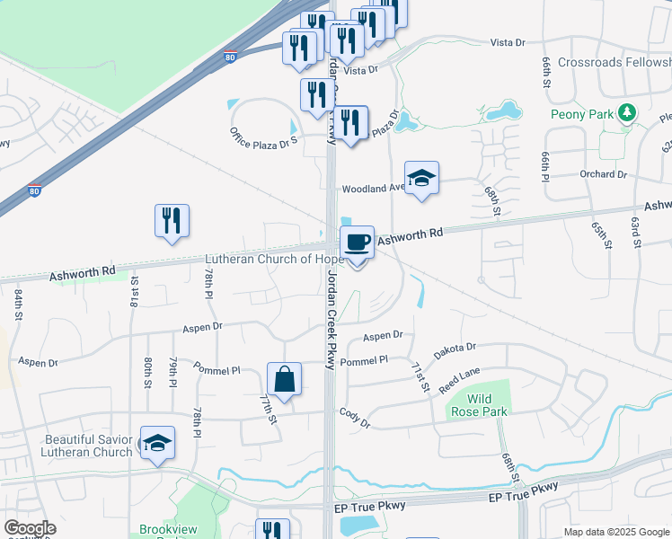 map of restaurants, bars, coffee shops, grocery stores, and more near 925 Jordan Creek Parkway in West Des Moines