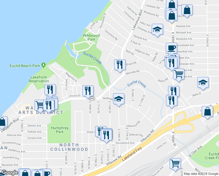 map of restaurants, bars, coffee shops, grocery stores, and more near Lakeshore Blvd & E 174th St in Cleveland