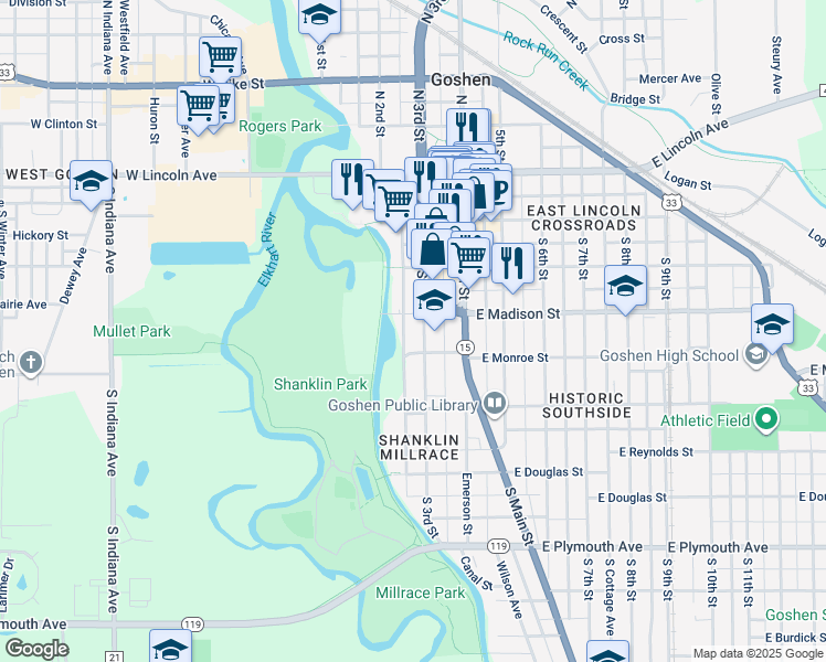 map of restaurants, bars, coffee shops, grocery stores, and more near 409 South 3rd Street in Goshen