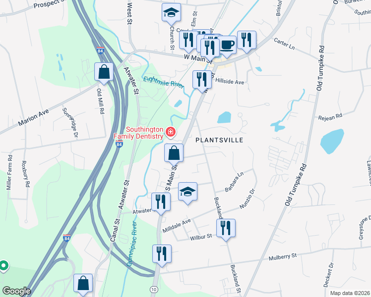 map of restaurants, bars, coffee shops, grocery stores, and more near 965 South Main Street in Southington