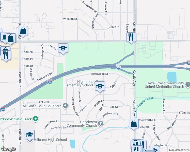 map of restaurants, bars, coffee shops, grocery stores, and more near 3416 Chestnut Drive in Hazel Crest
