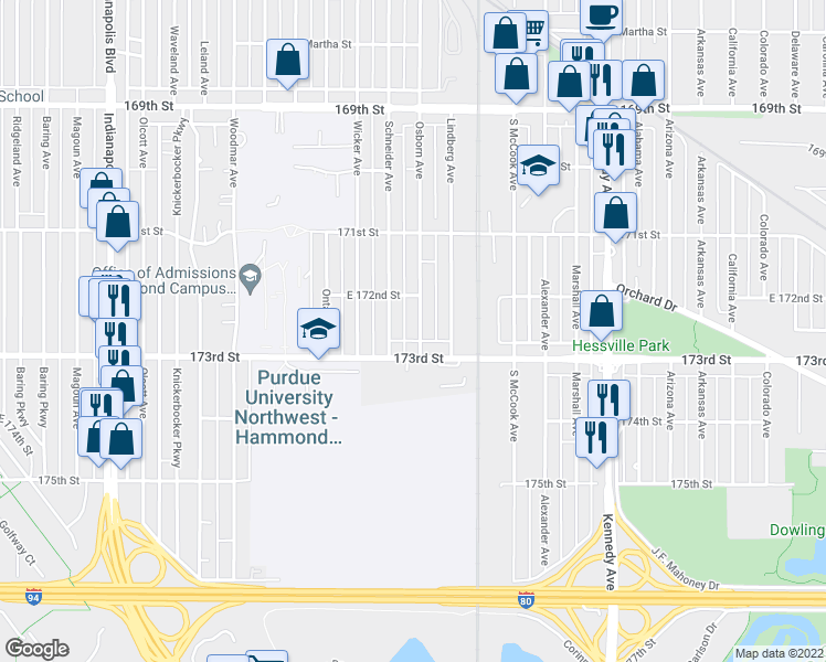 map of restaurants, bars, coffee shops, grocery stores, and more near 7232 Osborn Avenue in Hammond