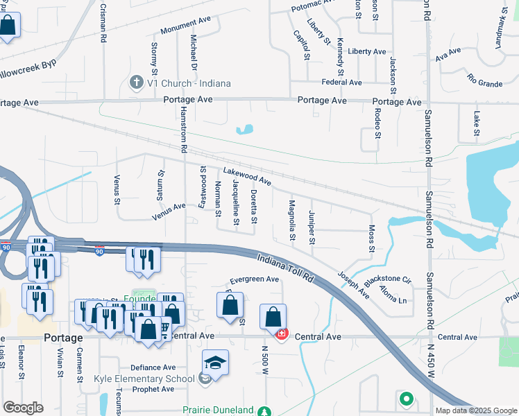 map of restaurants, bars, coffee shops, grocery stores, and more near 6501 Joseph Ave in Portage