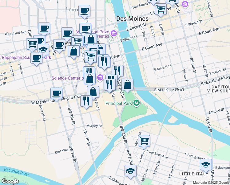 map of restaurants, bars, coffee shops, grocery stores, and more near 300 West Martin Luther King Junior Parkway in Des Moines