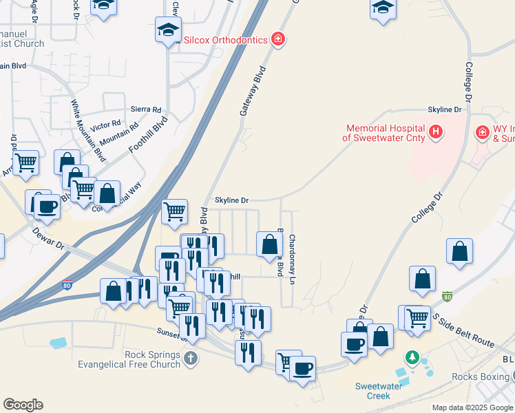 map of restaurants, bars, coffee shops, grocery stores, and more near 132 Skyline Drive in Rock Springs