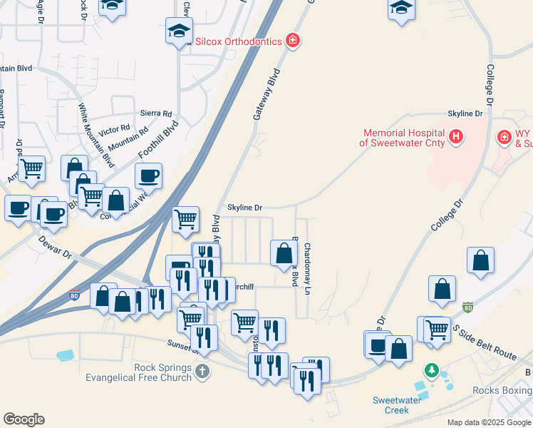 map of restaurants, bars, coffee shops, grocery stores, and more near 132 Skyline Drive in Rock Springs