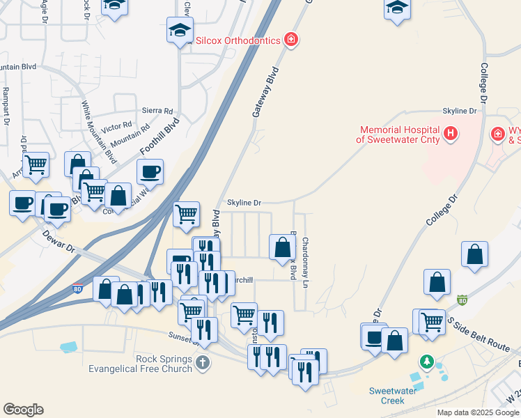 map of restaurants, bars, coffee shops, grocery stores, and more near 132 Skyline Drive in Rock Springs