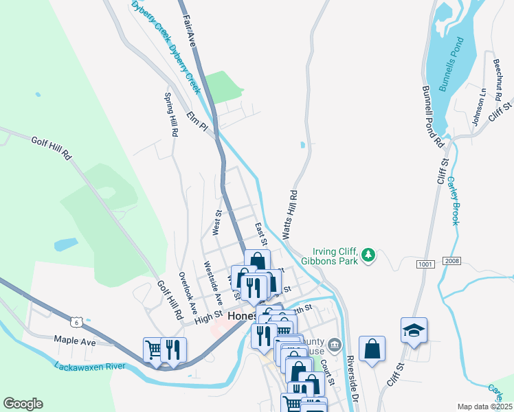 map of restaurants, bars, coffee shops, grocery stores, and more near 1522 East St in Honesdale