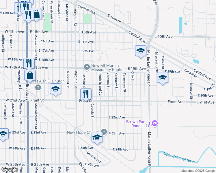 map of restaurants, bars, coffee shops, grocery stores, and more near 2023 Rhode Island Court in Gary