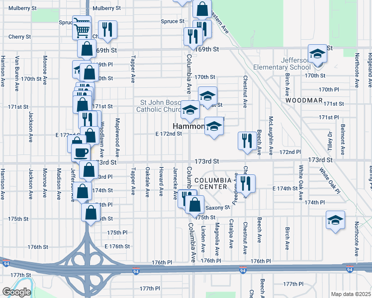 map of restaurants, bars, coffee shops, grocery stores, and more near 7235 Jarnecke Avenue in Hammond