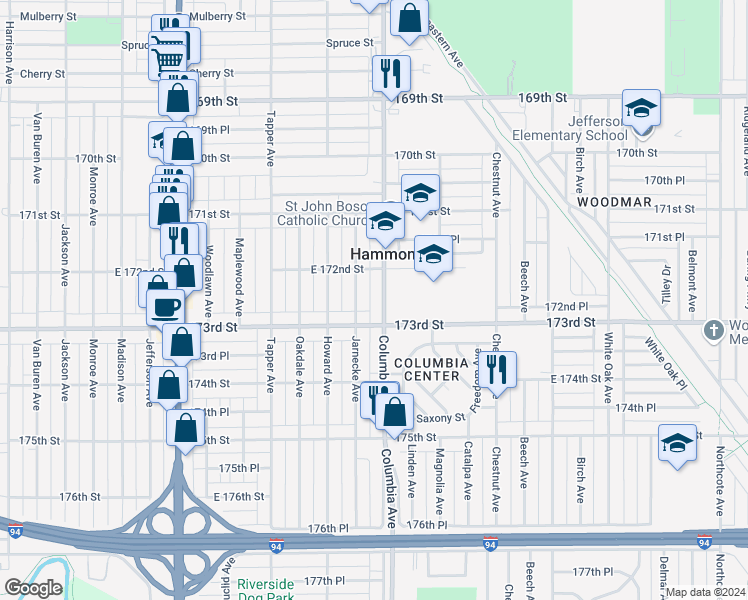 map of restaurants, bars, coffee shops, grocery stores, and more near 7235 Jarnecke Avenue in Hammond