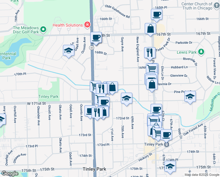 map of restaurants, bars, coffee shops, grocery stores, and more near 7051 170th Street in Tinley Park