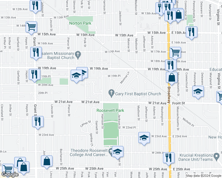 map of restaurants, bars, coffee shops, grocery stores, and more near 2021 Van Buren Street in Gary