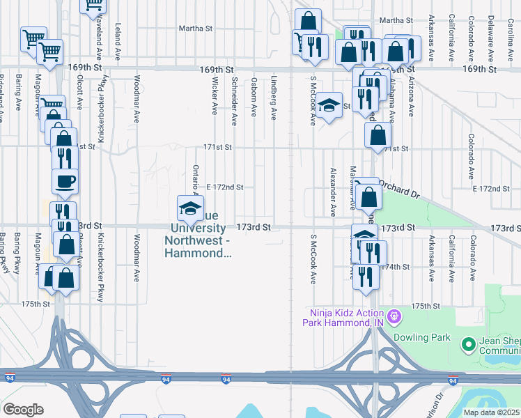 map of restaurants, bars, coffee shops, grocery stores, and more near 2519 173rd Street in Hammond