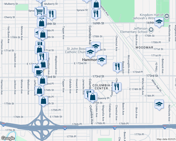 map of restaurants, bars, coffee shops, grocery stores, and more near 7235 Jarnecke Avenue in Hammond