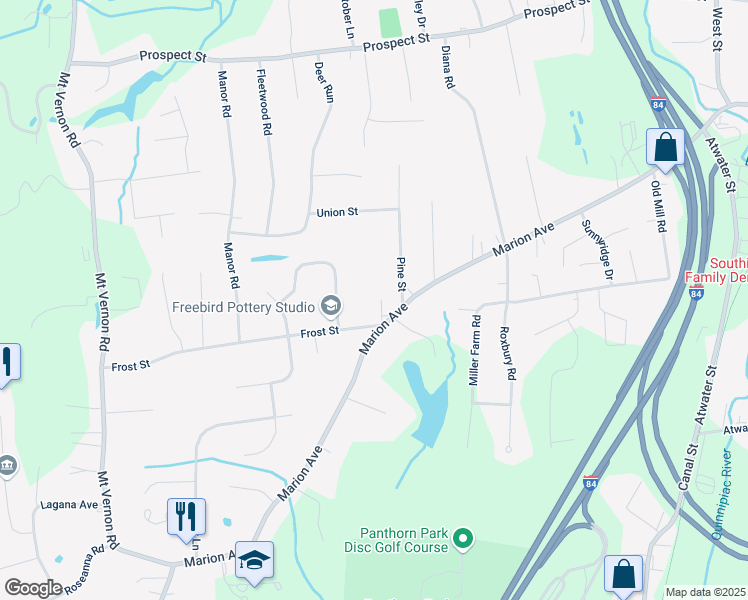 map of restaurants, bars, coffee shops, grocery stores, and more near 21 Frost Street in Southington