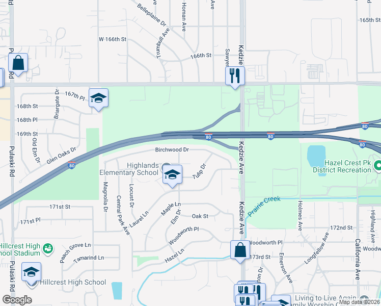 map of restaurants, bars, coffee shops, grocery stores, and more near 3318 Chestnut Court in Hazel Crest