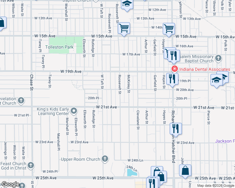 map of restaurants, bars, coffee shops, grocery stores, and more near 2045 Roosevelt Place in Gary