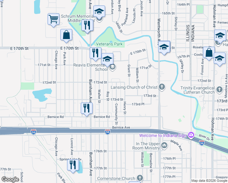map of restaurants, bars, coffee shops, grocery stores, and more near 17239 Community Street in Lansing