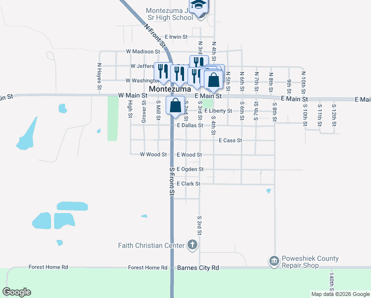 map of restaurants, bars, coffee shops, grocery stores, and more near 501-599 South 2nd Street in Montezuma