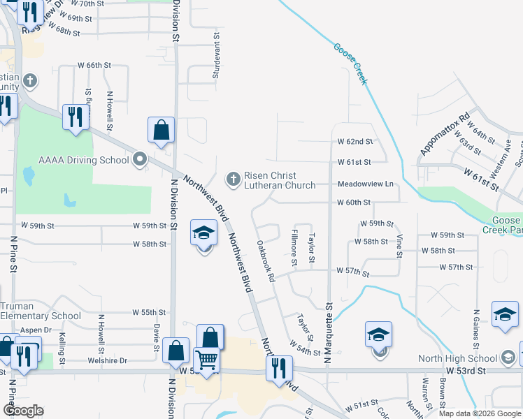 map of restaurants, bars, coffee shops, grocery stores, and more near 5953 Oakbrook Road in Davenport