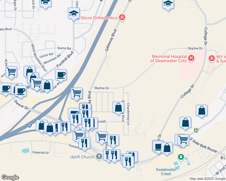 map of restaurants, bars, coffee shops, grocery stores, and more near 140 Skyline Drive in Rock Springs