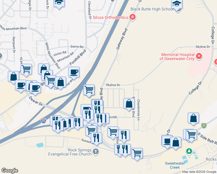 map of restaurants, bars, coffee shops, grocery stores, and more near 120 Skyline Drive in Rock Springs
