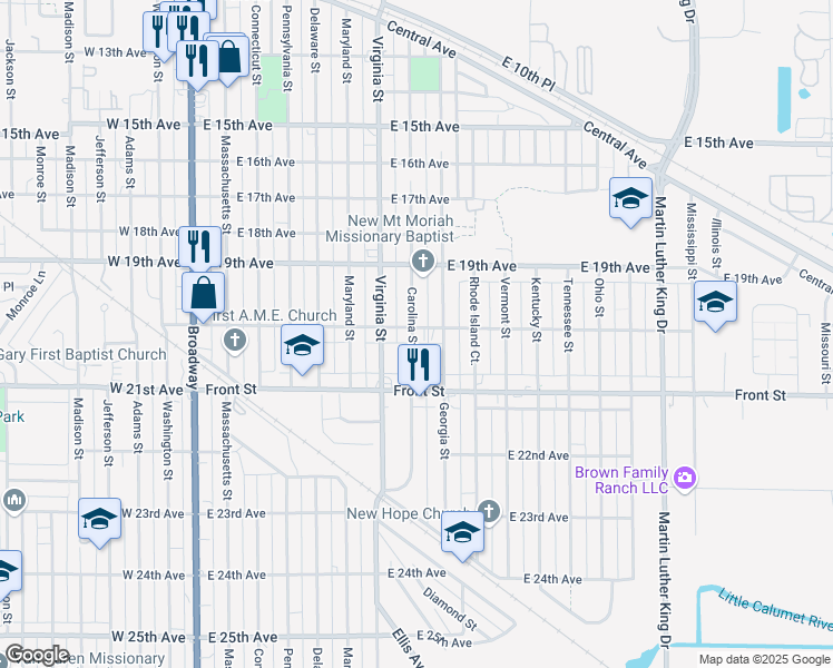 map of restaurants, bars, coffee shops, grocery stores, and more near 2035 Carolina Street in Gary