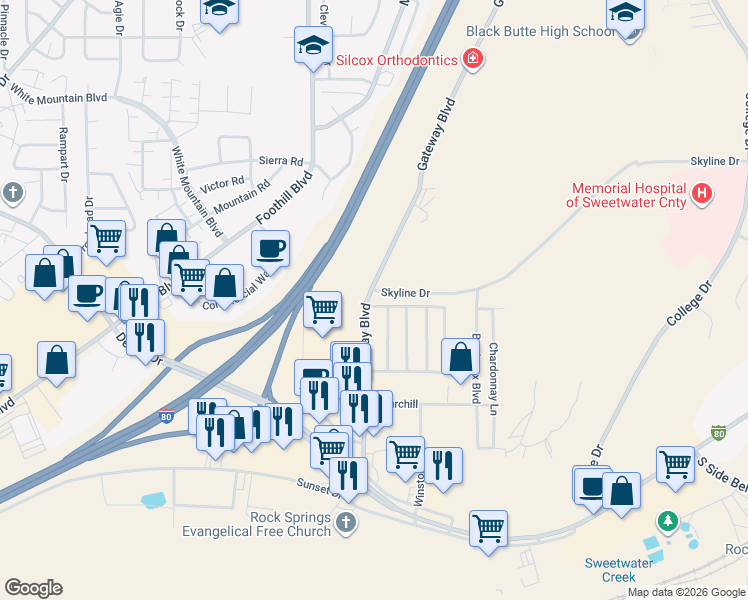 map of restaurants, bars, coffee shops, grocery stores, and more near 108 Skyline Drive in Rock Springs