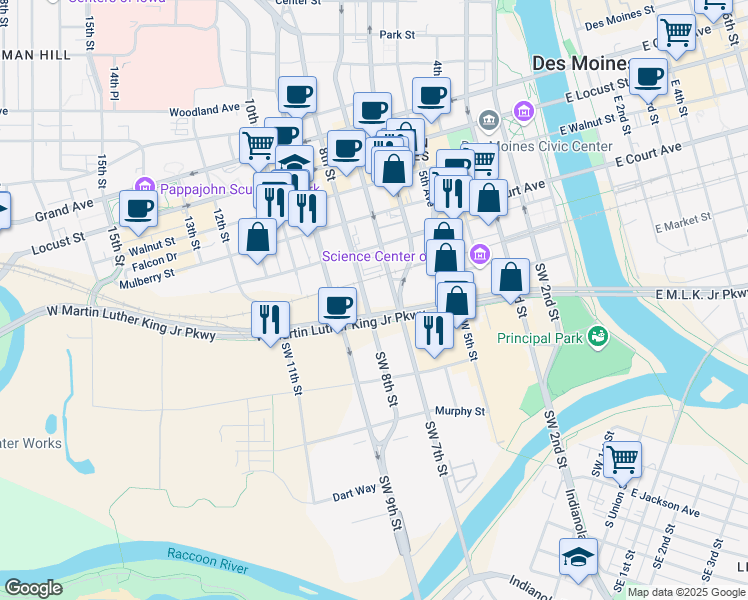map of restaurants, bars, coffee shops, grocery stores, and more near 115 Southwest 8th Street in Des Moines