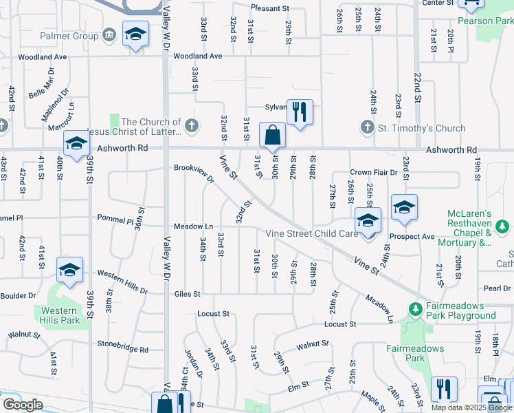 map of restaurants, bars, coffee shops, grocery stores, and more near 2928 Vine Street in West Des Moines