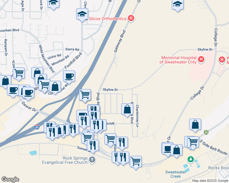 map of restaurants, bars, coffee shops, grocery stores, and more near 120 Skyline Drive in Rock Springs