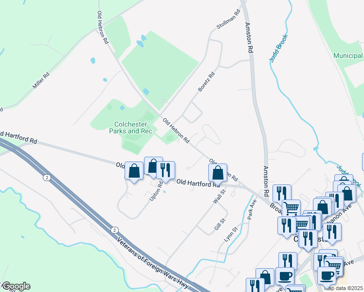 map of restaurants, bars, coffee shops, grocery stores, and more near 167 Old Hebron Road in Colchester