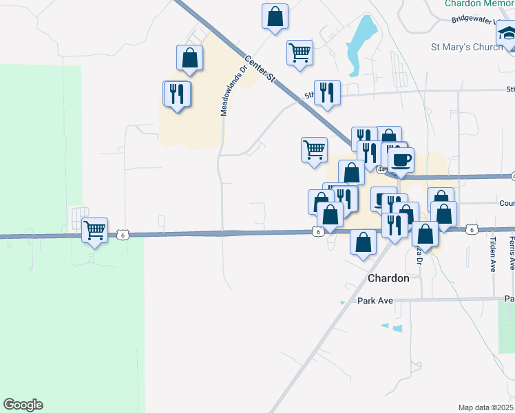 map of restaurants, bars, coffee shops, grocery stores, and more near 620 Water Street in Chardon