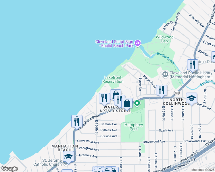 map of restaurants, bars, coffee shops, grocery stores, and more near 123 East 156th Street in Cleveland