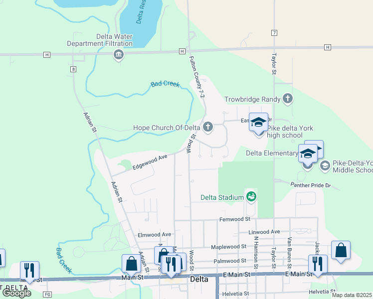 map of restaurants, bars, coffee shops, grocery stores, and more near 534 Wood Street in Delta