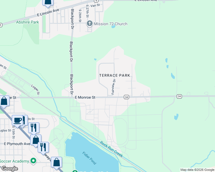 map of restaurants, bars, coffee shops, grocery stores, and more near 2418-62874 Hillcrest Ave in Goshen