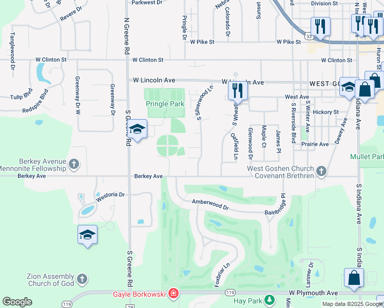 map of restaurants, bars, coffee shops, grocery stores, and more near 522 South Silverwood Lane in Goshen