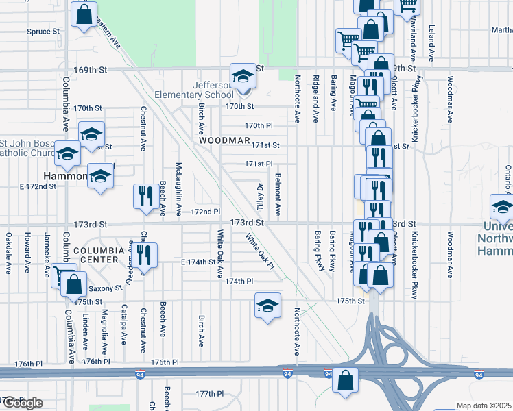 map of restaurants, bars, coffee shops, grocery stores, and more near 7240 Southeastern Avenue in Hammond