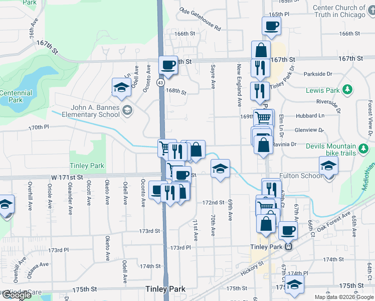 map of restaurants, bars, coffee shops, grocery stores, and more near 7121 170th Street in Tinley Park