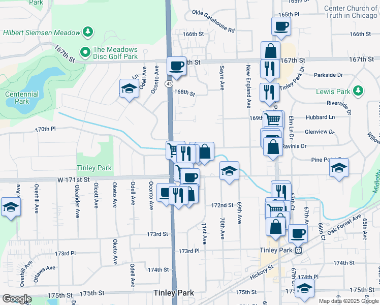 map of restaurants, bars, coffee shops, grocery stores, and more near 7121 170th Street in Tinley Park