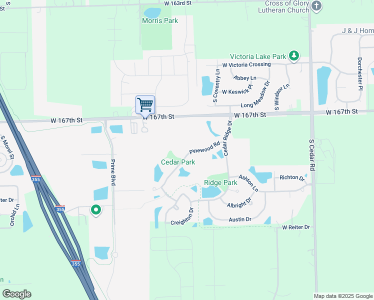 map of restaurants, bars, coffee shops, grocery stores, and more near 16833 Ivy Lane in Lockport