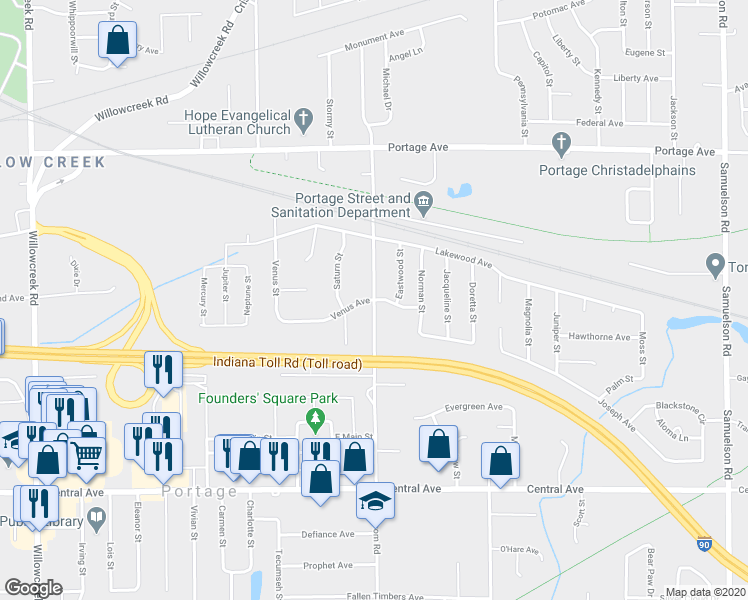 map of restaurants, bars, coffee shops, grocery stores, and more near 2413 Hamstrom Road in Portage