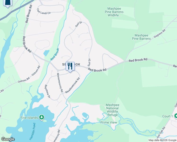 map of restaurants, bars, coffee shops, grocery stores, and more near 304 Red Brook Road in Mashpee