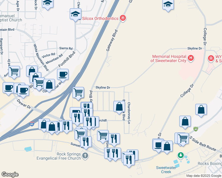 map of restaurants, bars, coffee shops, grocery stores, and more near 136 Skyline Drive in Rock Springs