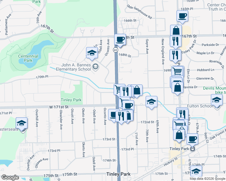 map of restaurants, bars, coffee shops, grocery stores, and more near 7201 170th Place in Tinley Park