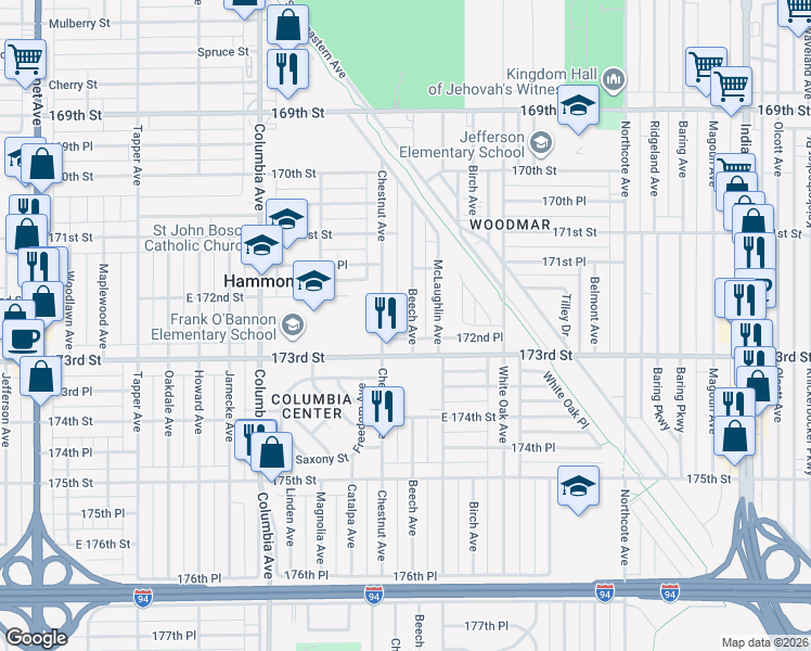 map of restaurants, bars, coffee shops, grocery stores, and more near 1401-09 East 173rd Place in Hammond